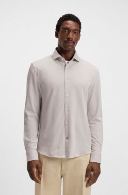 Casual-fit shirt in micro-check stretch cotton, Beige Patterned