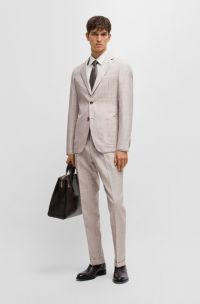 Slim-Fit Anzug aus kariertem Material-Mix aus Schurwolle, Seide und Leinen, Hellbeige