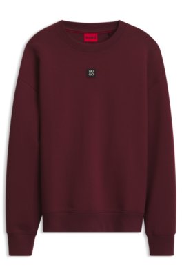 Hugo Uomo Rosso Scuro Felpa In Misto Cotone Con Targhetta Con Logo Scomposto