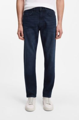 Tapered-fit jeans in dark-blue comfort-stretch denim, Dark Blue