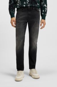 Tapered-fit jeans in black super-stretch denim, Black