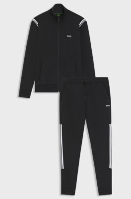 Stretch-cotton regular-fit tracksuit set with stripe inserts, Black