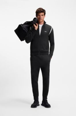 Stretch-cotton regular-fit tracksuit set with stripe inserts, Black