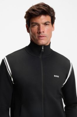 Stretch-cotton regular-fit tracksuit set with stripe inserts, Black