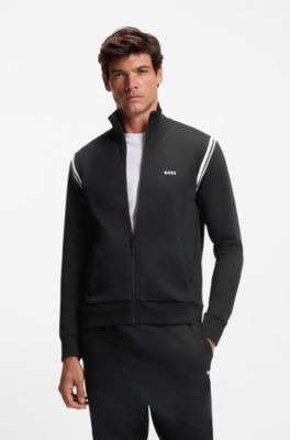 Stretch-cotton sweatshirt with zip and stripe details, Black
