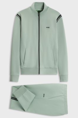 Stretch-cotton regular-fit tracksuit set with stripe inserts, Light Green