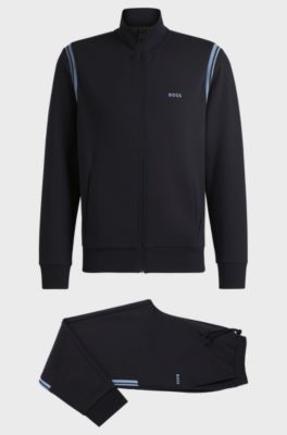 Stretch-cotton regular-fit tracksuit set with stripe inserts, Dark Blue