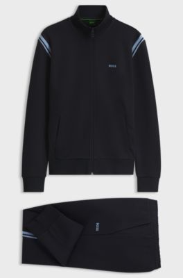 Stretch-cotton regular-fit tracksuit set with stripe inserts, Dark Blue
