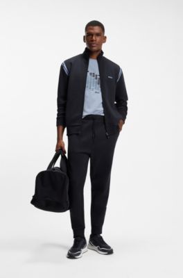 Stretch-cotton regular-fit tracksuit set with stripe inserts, Dark Blue