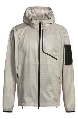 Chaqueta con capucha de malla laminada activa con estampado integral