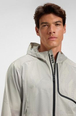 Active laminated-mesh hooded jacket with all-over print, Light Beige
