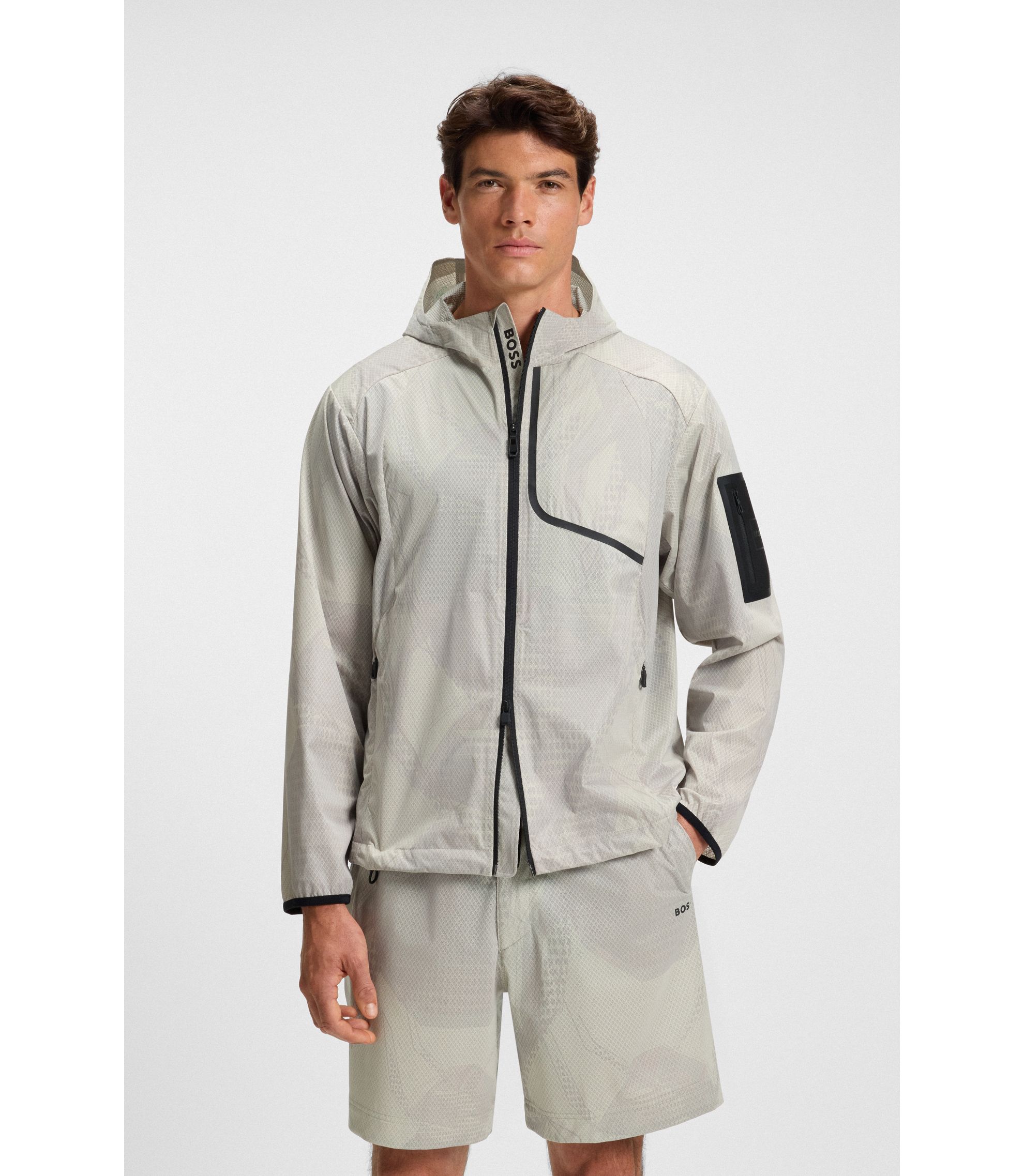 BOSS - Active laminated-mesh hooded jacket with all-over print