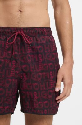 Drawcord swim shorts with all-over print, Dark Red