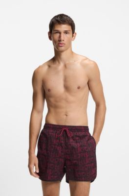 Drawcord swim shorts with all-over print, Dark Red