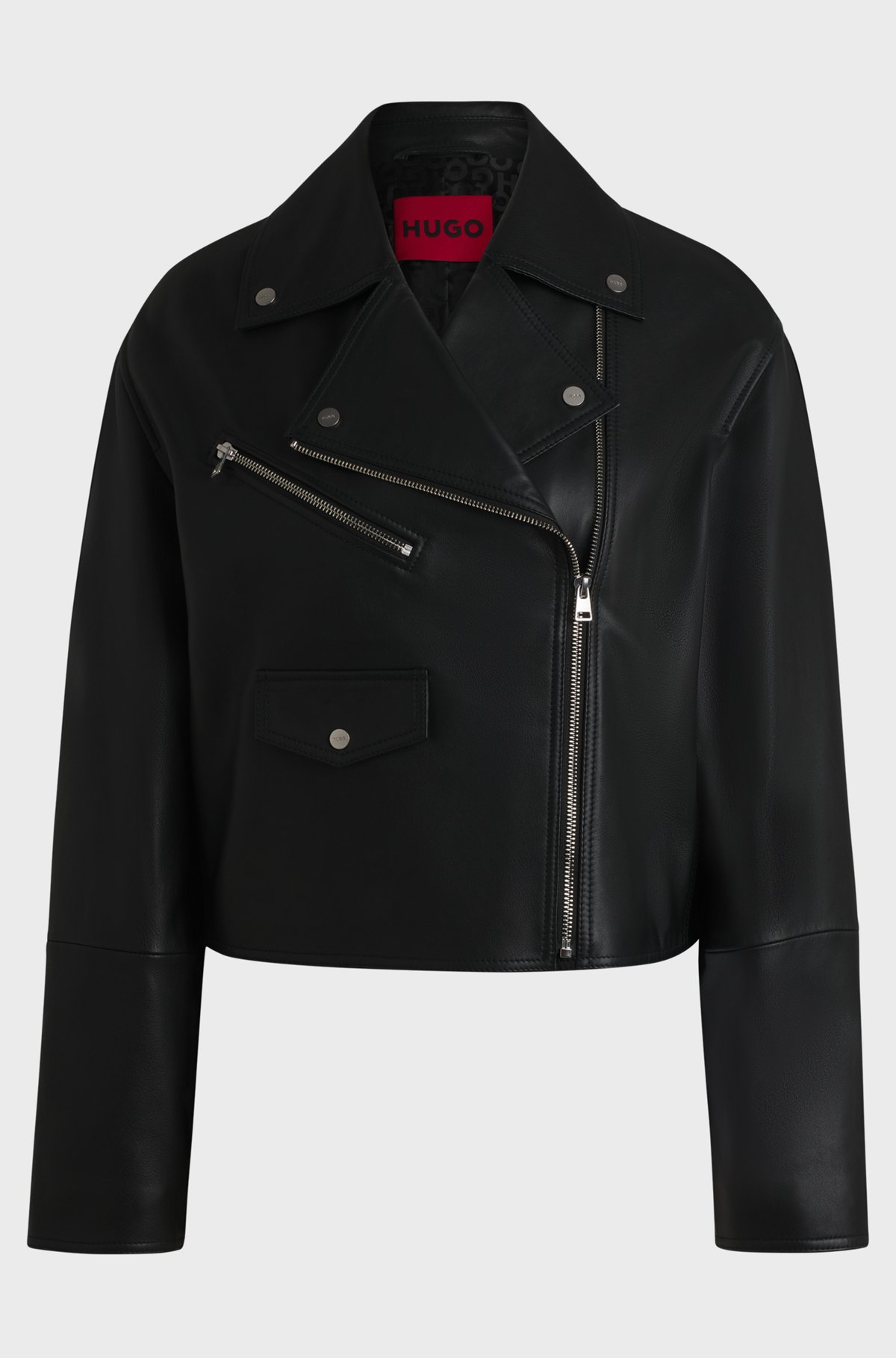 HUGO - Leather biker jacket with zipped sleeves - Black HUGO - Leather biker jacket with zipped sleeves - Black