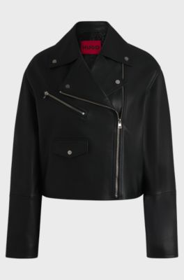 Leather biker jacket with zipped sleeves, Black