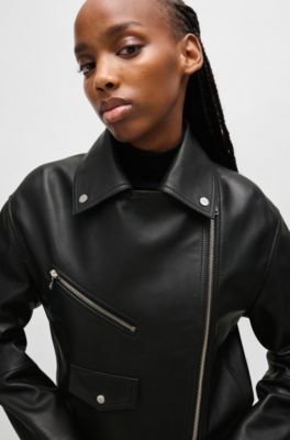 Leather biker jacket with zipped sleeves, Black