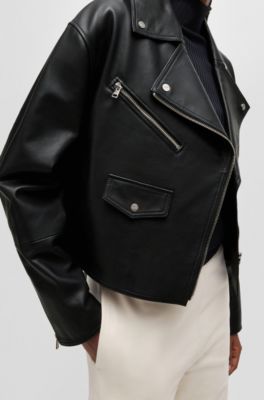 Leather biker jacket with zipped sleeves, Black
