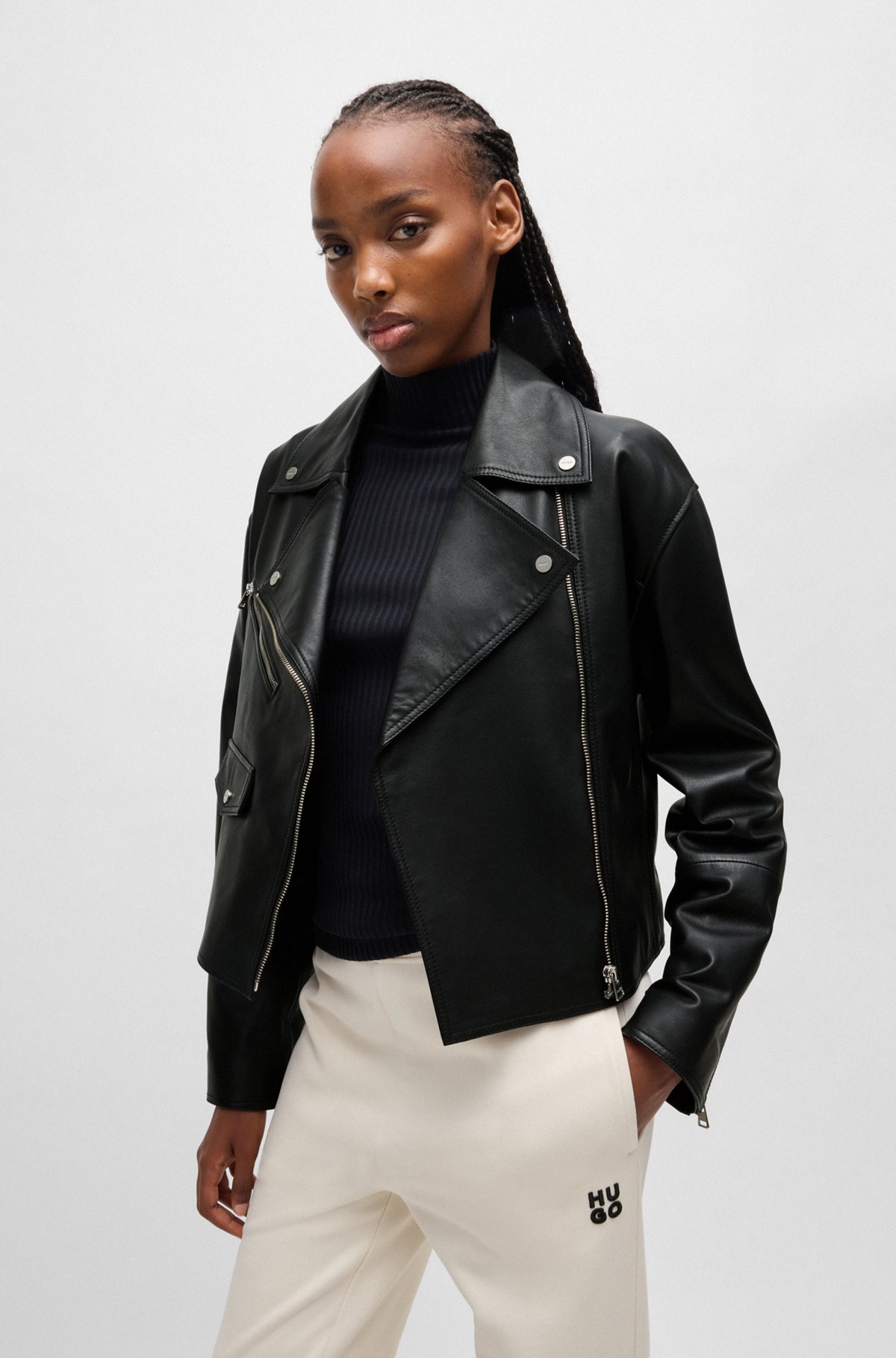 HUGO - Leather biker jacket with zipped sleeves - Black HUGO - Leather biker jacket with zipped sleeves - Black