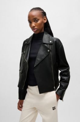 Leather biker jacket with zipped sleeves, Black