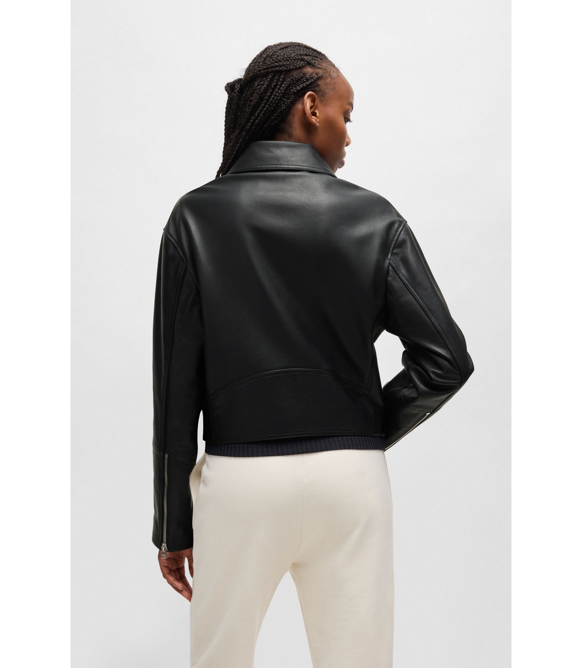 HUGO - Leather biker jacket with zipped sleeves - Black