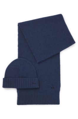 Wool-blend beanie hat and scarf gift set, Dark Blue
