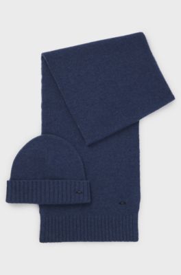 Wool-blend beanie hat and scarf gift set, Dark Blue