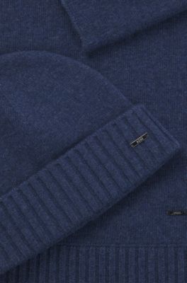 Wool-blend beanie hat and scarf gift set, Dark Blue