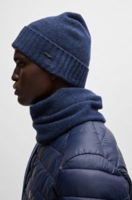 Wool-blend beanie hat and scarf gift set, Dark Blue