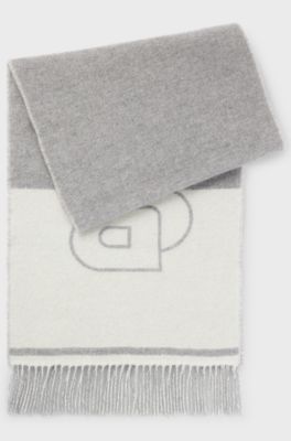 Wool-blend scarf with Double B monogram jacquard, Light Grey