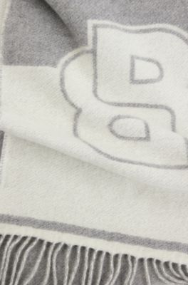 Wool-blend scarf with Double B monogram jacquard, Light Grey