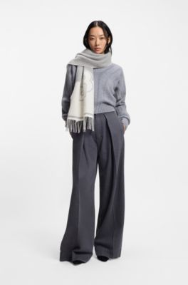 Wool-blend scarf with Double B monogram jacquard, Light Grey