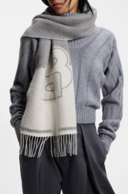Wool-blend scarf with Double B monogram jacquard, Light Grey