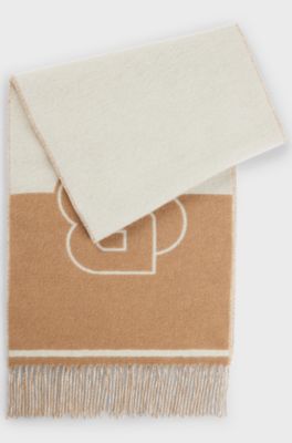 Wool-blend scarf with Double B monogram jacquard, Beige