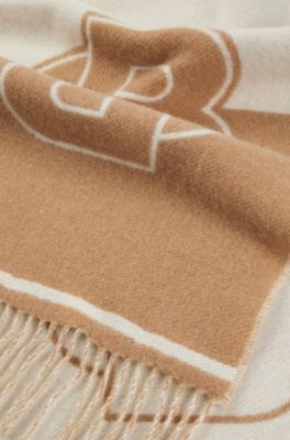 Wool-blend scarf with Double B monogram jacquard, Beige