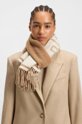Wool-blend scarf with Double B monogram jacquard, Beige