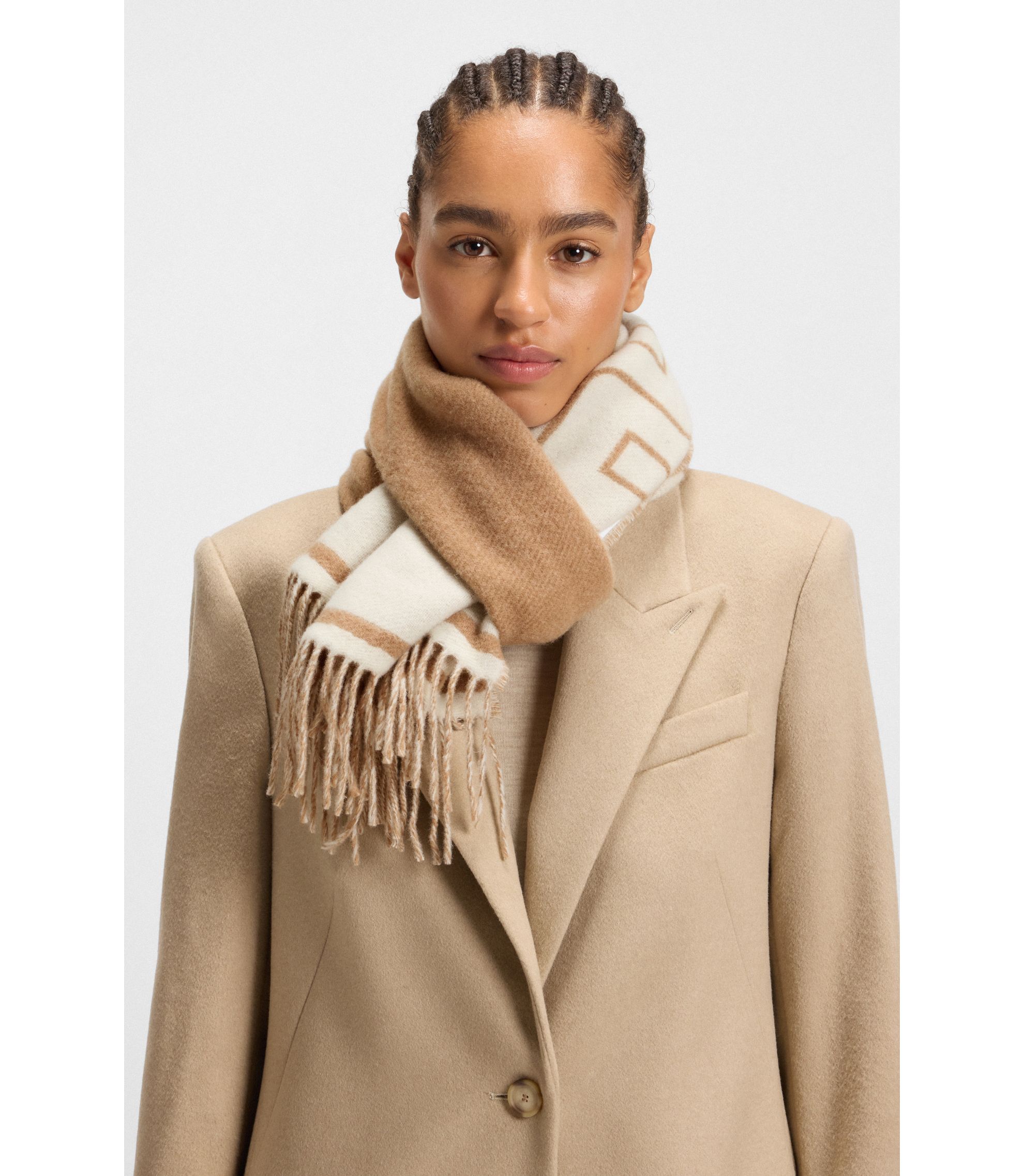 BOSS - Wool-blend scarf with Double B monogram jacquard - Beige