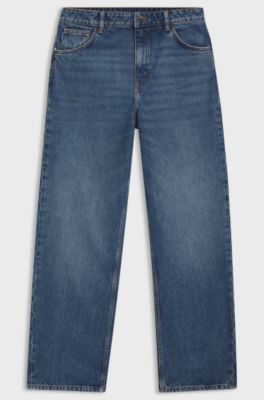 Loose-fit jeans in gewassen blauw denim, Blauw
