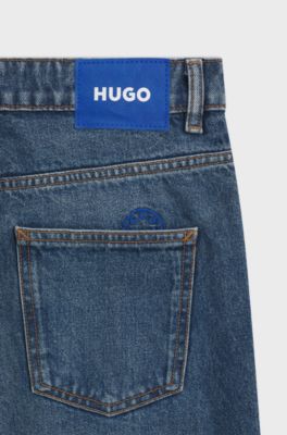 Loose-fit jeans in gewassen blauw denim, Blauw