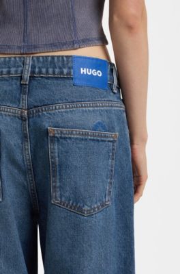 Loose-fit jeans in gewassen blauw denim, Blauw