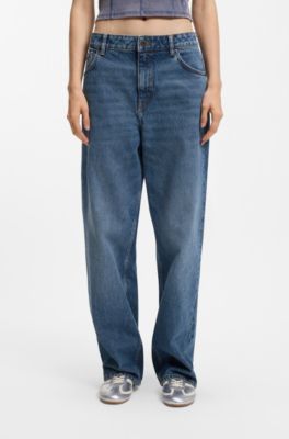 Loose-fit jeans in gewassen blauw denim, Blauw