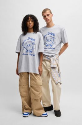 Cotton-jersey oversized-fit T-shirt with slogan prints, Light Grey