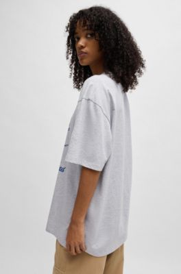 Cotton-jersey oversized-fit T-shirt with slogan prints, Light Grey