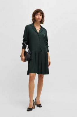 Drop-waist dress with convertible collar, Dark Green