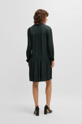 Drop-waist dress with convertible collar, Dark Green