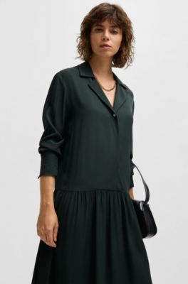 Drop-waist dress with convertible collar, Dark Green