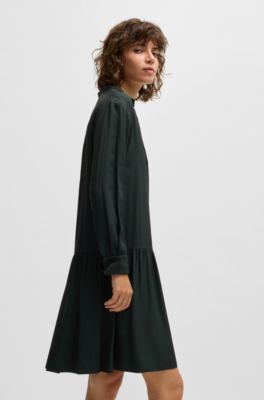 Drop-waist dress with convertible collar, Dark Green