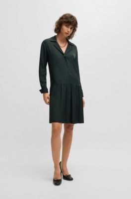 Drop-waist dress with convertible collar, Dark Green