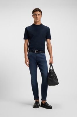 Mercerised-cotton T-shirt with micro pattern, Dark Blue