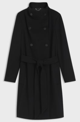 Manteau crois&eacute; en laine m&eacute;lang&eacute;e, Noir